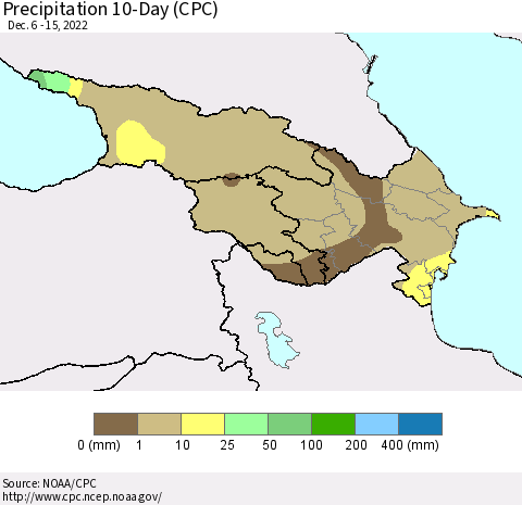 Azerbaijan, Armenia and Georgia Precipitation 10-Day (CPC) Thematic Map For 12/6/2022 - 12/15/2022