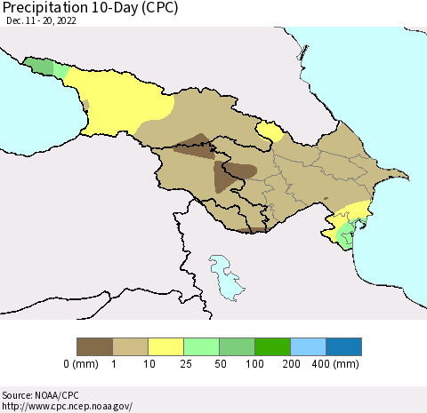 Azerbaijan, Armenia and Georgia Precipitation 10-Day (CPC) Thematic Map For 12/11/2022 - 12/20/2022
