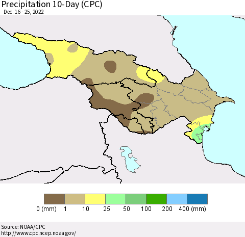 Azerbaijan, Armenia and Georgia Precipitation 10-Day (CPC) Thematic Map For 12/16/2022 - 12/25/2022