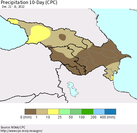 Azerbaijan, Armenia and Georgia Precipitation 10-Day (CPC) Thematic Map For 12/21/2022 - 12/31/2022