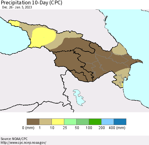 Azerbaijan, Armenia and Georgia Precipitation 10-Day (CPC) Thematic Map For 12/26/2022 - 1/5/2023