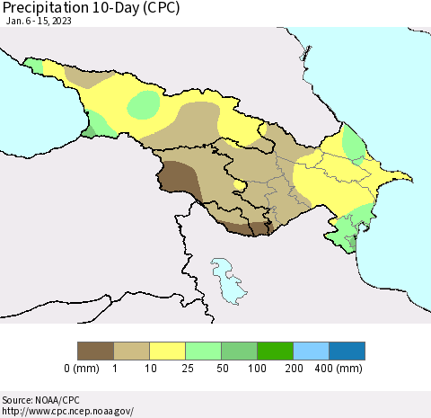 Azerbaijan, Armenia and Georgia Precipitation 10-Day (CPC) Thematic Map For 1/6/2023 - 1/15/2023
