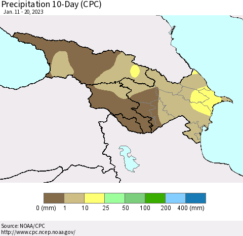 Azerbaijan, Armenia and Georgia Precipitation 10-Day (CPC) Thematic Map For 1/11/2023 - 1/20/2023