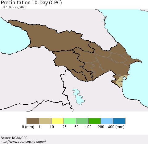 Azerbaijan, Armenia and Georgia Precipitation 10-Day (CPC) Thematic Map For 1/16/2023 - 1/25/2023
