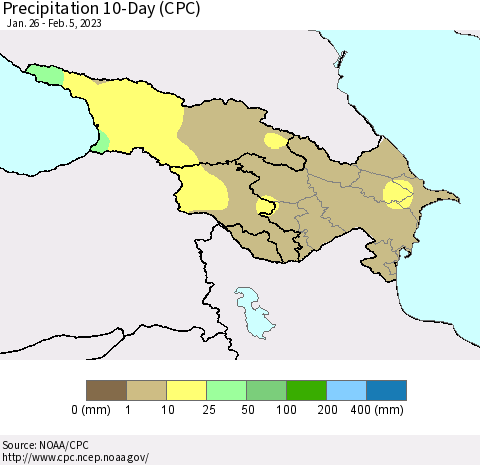 Azerbaijan, Armenia and Georgia Precipitation 10-Day (CPC) Thematic Map For 1/26/2023 - 2/5/2023