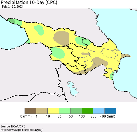 Azerbaijan, Armenia and Georgia Precipitation 10-Day (CPC) Thematic Map For 2/1/2023 - 2/10/2023
