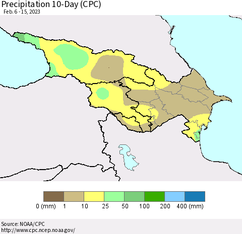 Azerbaijan, Armenia and Georgia Precipitation 10-Day (CPC) Thematic Map For 2/6/2023 - 2/15/2023