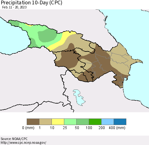 Azerbaijan, Armenia and Georgia Precipitation 10-Day (CPC) Thematic Map For 2/11/2023 - 2/20/2023