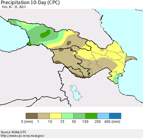 Azerbaijan, Armenia and Georgia Precipitation 10-Day (CPC) Thematic Map For 2/16/2023 - 2/25/2023