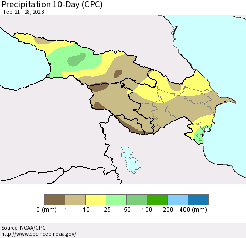 Azerbaijan, Armenia and Georgia Precipitation 10-Day (CPC) Thematic Map For 2/21/2023 - 2/28/2023