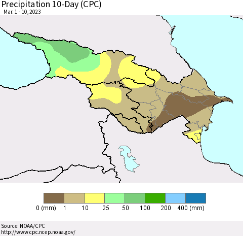 Azerbaijan, Armenia and Georgia Precipitation 10-Day (CPC) Thematic Map For 3/1/2023 - 3/10/2023