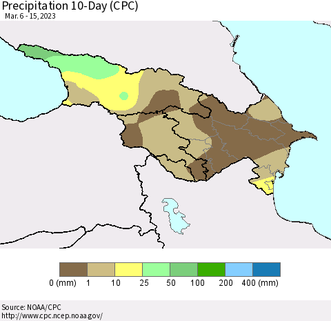 Azerbaijan, Armenia and Georgia Precipitation 10-Day (CPC) Thematic Map For 3/6/2023 - 3/15/2023
