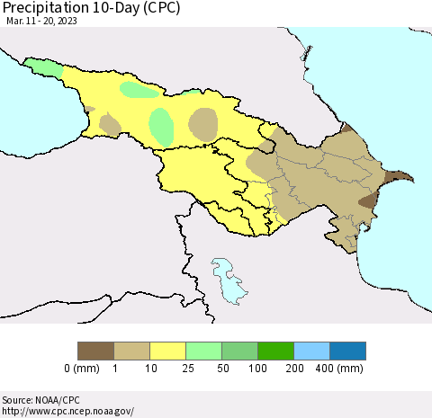 Azerbaijan, Armenia and Georgia Precipitation 10-Day (CPC) Thematic Map For 3/11/2023 - 3/20/2023