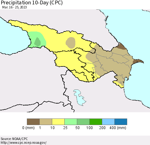 Azerbaijan, Armenia and Georgia Precipitation 10-Day (CPC) Thematic Map For 3/16/2023 - 3/25/2023