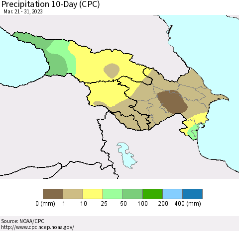 Azerbaijan, Armenia and Georgia Precipitation 10-Day (CPC) Thematic Map For 3/21/2023 - 3/31/2023