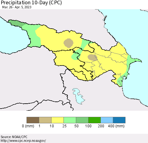 Azerbaijan, Armenia and Georgia Precipitation 10-Day (CPC) Thematic Map For 3/26/2023 - 4/5/2023