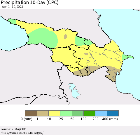 Azerbaijan, Armenia and Georgia Precipitation 10-Day (CPC) Thematic Map For 4/1/2023 - 4/10/2023