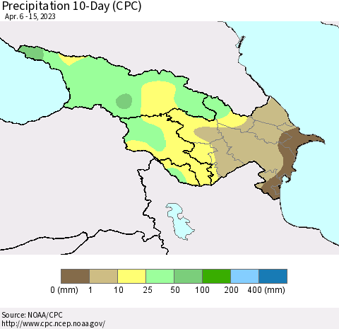 Azerbaijan, Armenia and Georgia Precipitation 10-Day (CPC) Thematic Map For 4/6/2023 - 4/15/2023
