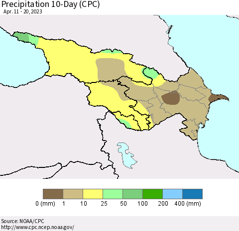 Azerbaijan, Armenia and Georgia Precipitation 10-Day (CPC) Thematic Map For 4/11/2023 - 4/20/2023