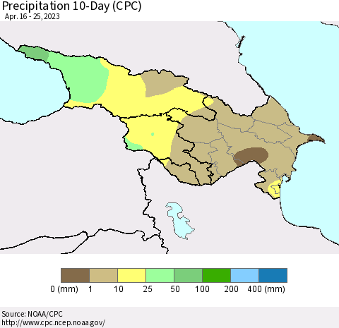 Azerbaijan, Armenia and Georgia Precipitation 10-Day (CPC) Thematic Map For 4/16/2023 - 4/25/2023
