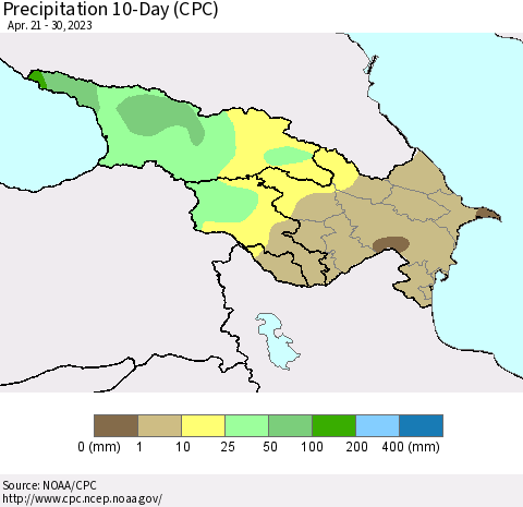 Azerbaijan, Armenia and Georgia Precipitation 10-Day (CPC) Thematic Map For 4/21/2023 - 4/30/2023