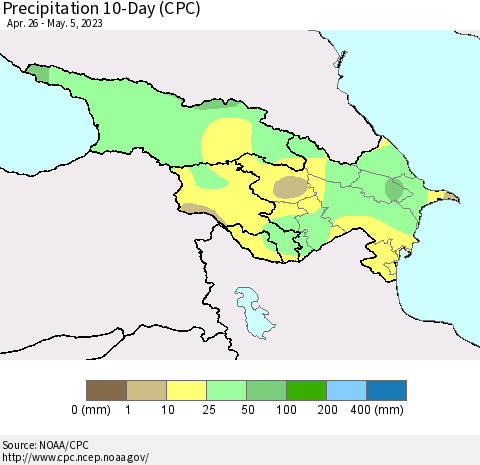 Azerbaijan, Armenia and Georgia Precipitation 10-Day (CPC) Thematic Map For 4/26/2023 - 5/5/2023