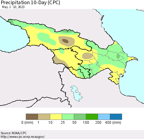 Azerbaijan, Armenia and Georgia Precipitation 10-Day (CPC) Thematic Map For 5/1/2023 - 5/10/2023