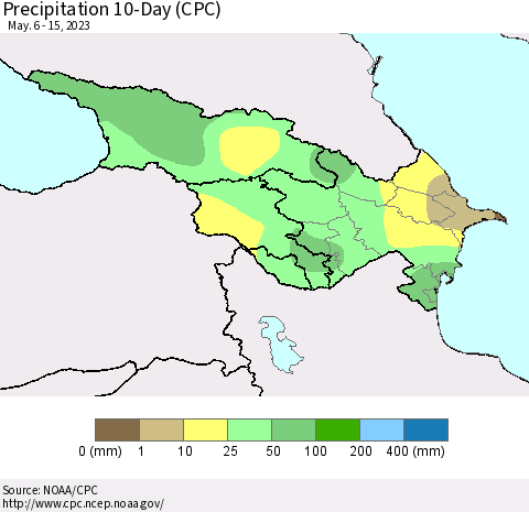 Azerbaijan, Armenia and Georgia Precipitation 10-Day (CPC) Thematic Map For 5/6/2023 - 5/15/2023