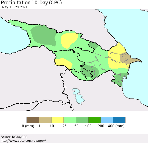 Azerbaijan, Armenia and Georgia Precipitation 10-Day (CPC) Thematic Map For 5/11/2023 - 5/20/2023