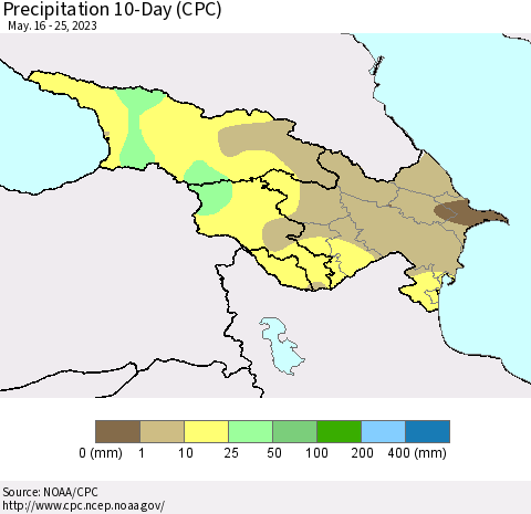 Azerbaijan, Armenia and Georgia Precipitation 10-Day (CPC) Thematic Map For 5/16/2023 - 5/25/2023