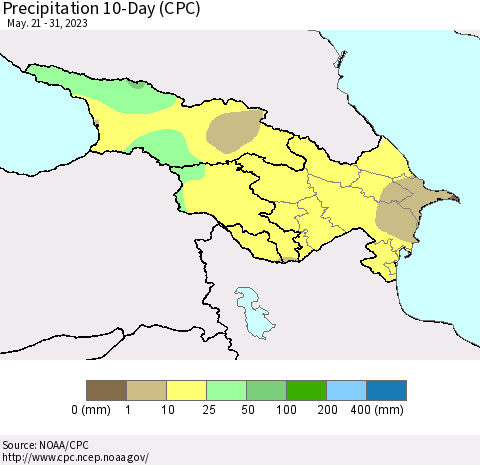 Azerbaijan, Armenia and Georgia Precipitation 10-Day (CPC) Thematic Map For 5/21/2023 - 5/31/2023