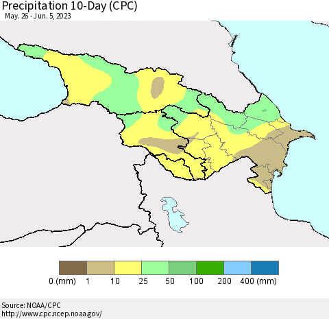 Azerbaijan, Armenia and Georgia Precipitation 10-Day (CPC) Thematic Map For 5/26/2023 - 6/5/2023