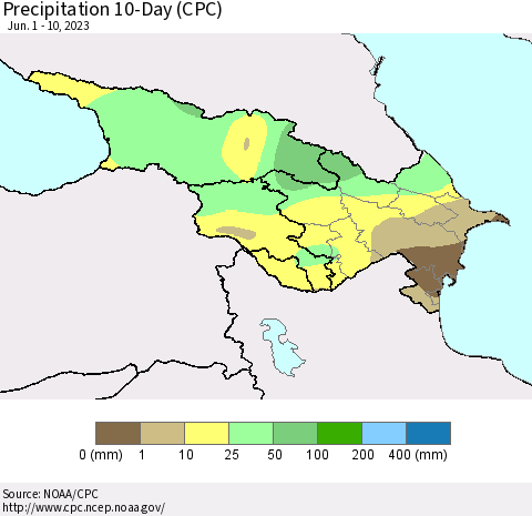 Azerbaijan, Armenia and Georgia Precipitation 10-Day (CPC) Thematic Map For 6/1/2023 - 6/10/2023