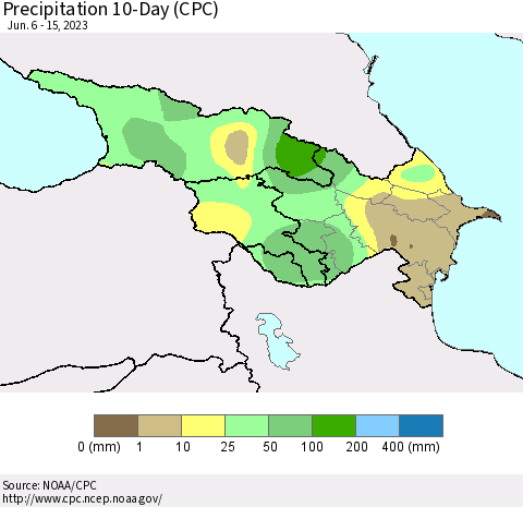 Azerbaijan, Armenia and Georgia Precipitation 10-Day (CPC) Thematic Map For 6/6/2023 - 6/15/2023
