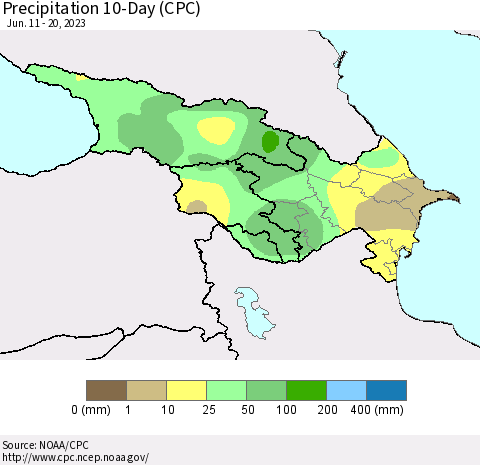 Azerbaijan, Armenia and Georgia Precipitation 10-Day (CPC) Thematic Map For 6/11/2023 - 6/20/2023