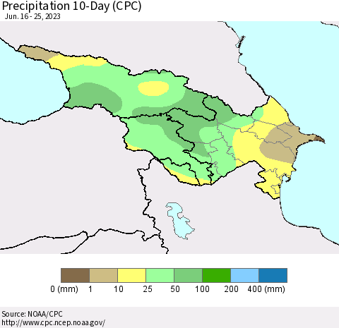 Azerbaijan, Armenia and Georgia Precipitation 10-Day (CPC) Thematic Map For 6/16/2023 - 6/25/2023