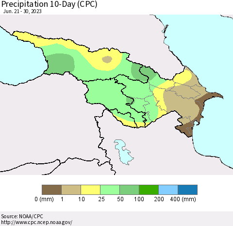 Azerbaijan, Armenia and Georgia Precipitation 10-Day (CPC) Thematic Map For 6/21/2023 - 6/30/2023