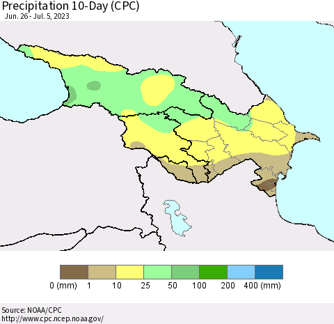 Azerbaijan, Armenia and Georgia Precipitation 10-Day (CPC) Thematic Map For 6/26/2023 - 7/5/2023