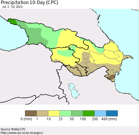 Azerbaijan, Armenia and Georgia Precipitation 10-Day (CPC) Thematic Map For 7/1/2023 - 7/10/2023