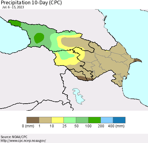 Azerbaijan, Armenia and Georgia Precipitation 10-Day (CPC) Thematic Map For 7/6/2023 - 7/15/2023