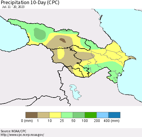 Azerbaijan, Armenia and Georgia Precipitation 10-Day (CPC) Thematic Map For 7/11/2023 - 7/20/2023