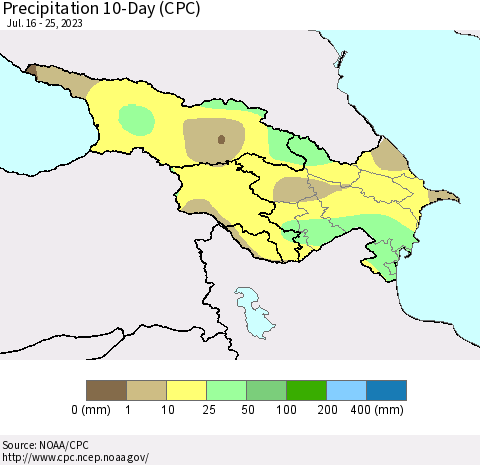 Azerbaijan, Armenia and Georgia Precipitation 10-Day (CPC) Thematic Map For 7/16/2023 - 7/25/2023