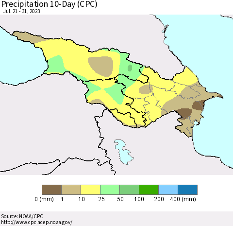 Azerbaijan, Armenia and Georgia Precipitation 10-Day (CPC) Thematic Map For 7/21/2023 - 7/31/2023