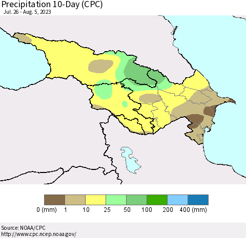 Azerbaijan, Armenia and Georgia Precipitation 10-Day (CPC) Thematic Map For 7/26/2023 - 8/5/2023