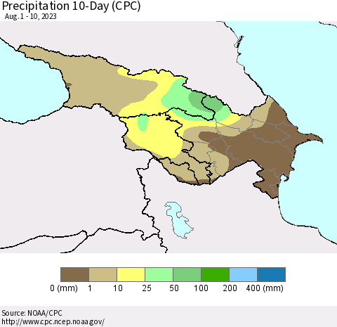 Azerbaijan, Armenia and Georgia Precipitation 10-Day (CPC) Thematic Map For 8/1/2023 - 8/10/2023