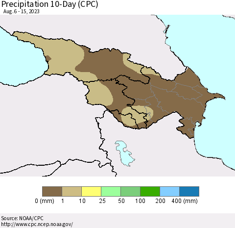 Azerbaijan, Armenia and Georgia Precipitation 10-Day (CPC) Thematic Map For 8/6/2023 - 8/15/2023