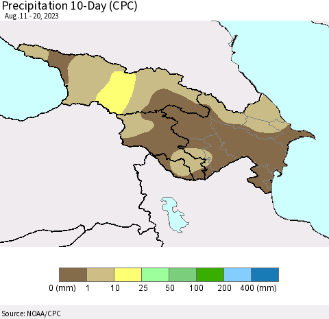 Azerbaijan, Armenia and Georgia Precipitation 10-Day (CPC) Thematic Map For 8/11/2023 - 8/20/2023