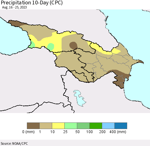 Azerbaijan, Armenia and Georgia Precipitation 10-Day (CPC) Thematic Map For 8/16/2023 - 8/25/2023
