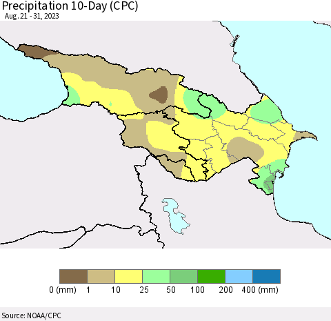 Azerbaijan, Armenia and Georgia Precipitation 10-Day (CPC) Thematic Map For 8/21/2023 - 8/31/2023