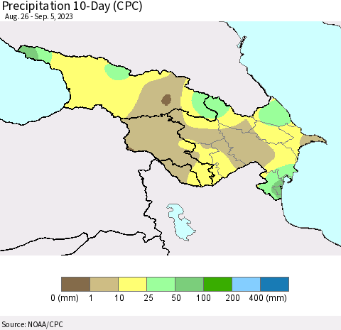 Azerbaijan, Armenia and Georgia Precipitation 10-Day (CPC) Thematic Map For 8/26/2023 - 9/5/2023